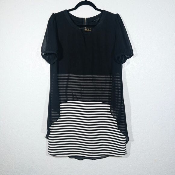 Panitti Black Overlay Striped A-Line Dress Size Medium‎ - Picture 1 of 10